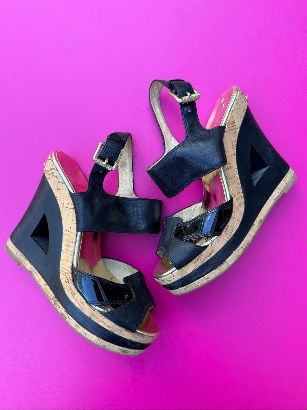 Michael Kors Leather Platform Wedge Sandals Chrome Black Gold Cork Size 8.5 MK